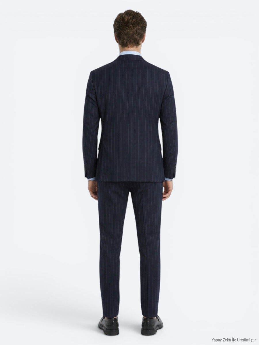 Lacivert Çizgili Modern Fit İpek Karışımlı Takım Elbise - 5
