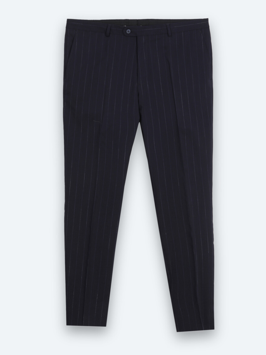 Lacivert Çizgili Modern Fit İpek Karışımlı Takım Elbise - 7