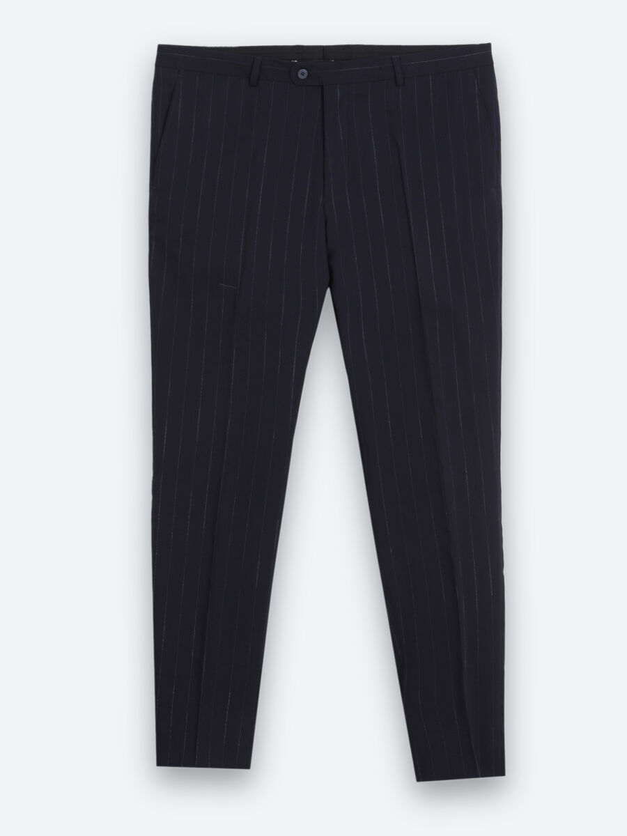 Lacivert Çizgili Modern Fit İpek Karışımlı Takım Elbise - 7