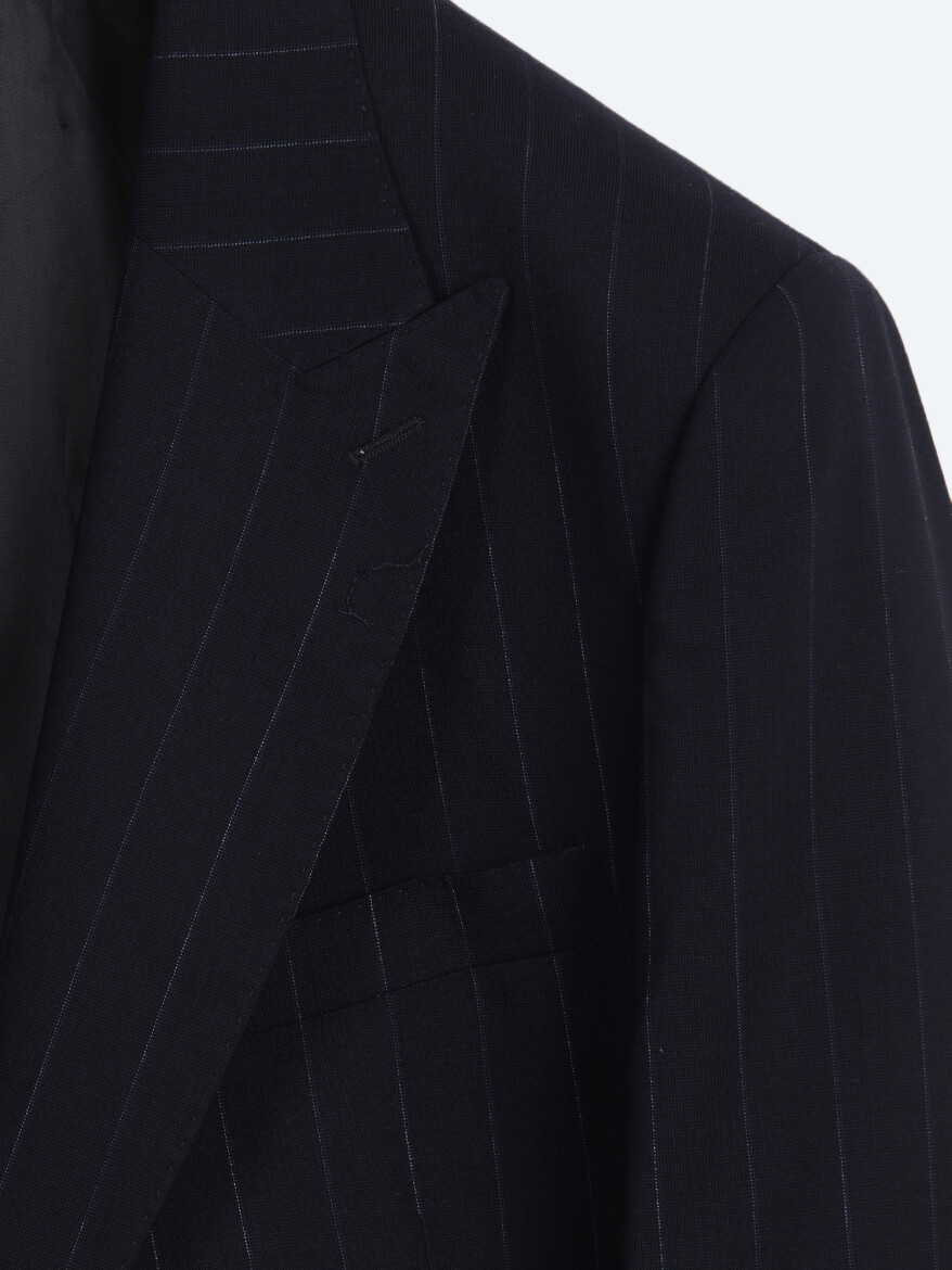 Lacivert Çizgili Modern Fit İpek Karışımlı Takım Elbise - 8