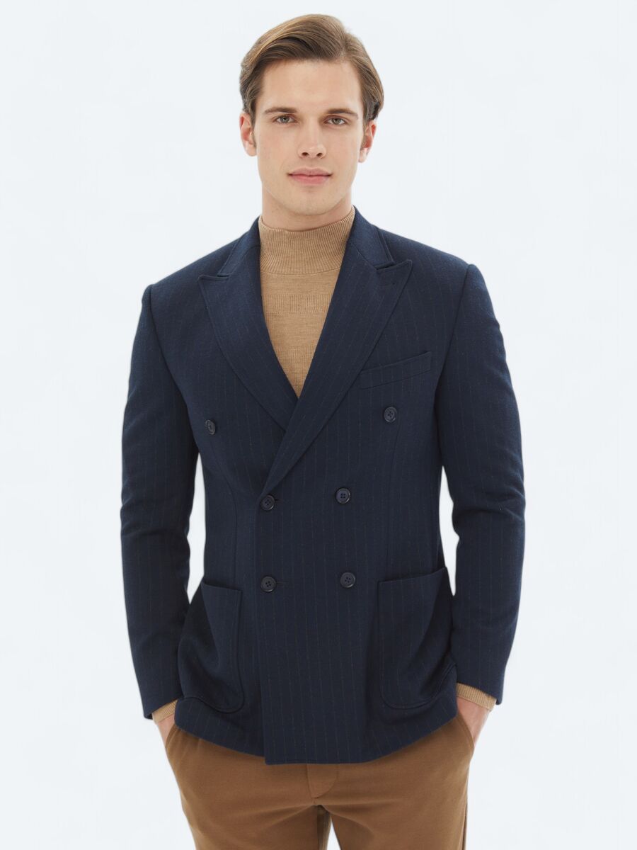 Lacivert Çizgili Modern Fit Örme Ceket - 1