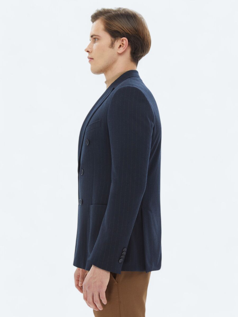 Lacivert Çizgili Modern Fit Örme Ceket - 4