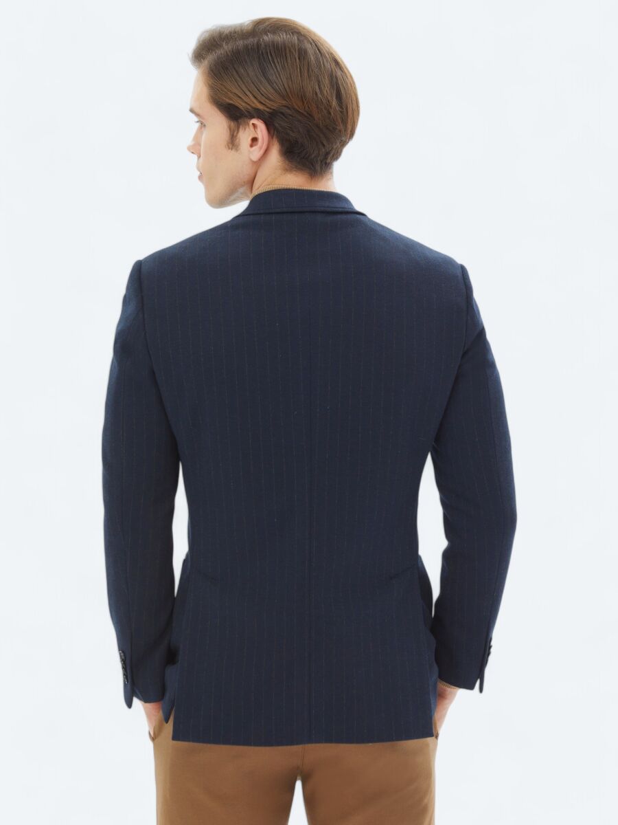 Lacivert Çizgili Modern Fit Örme Ceket - 7