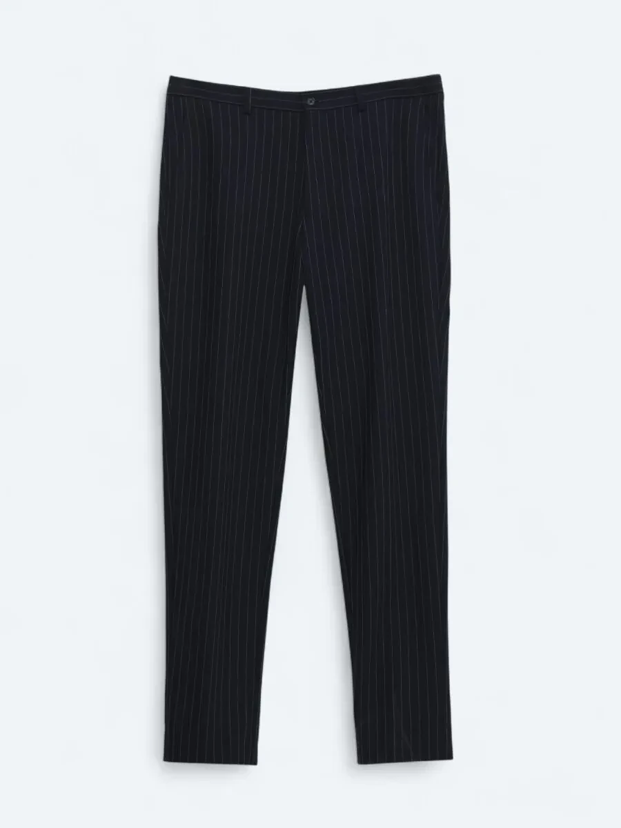 Lacivert Çizgili Modern Fit Örme Takım Elbise - 2