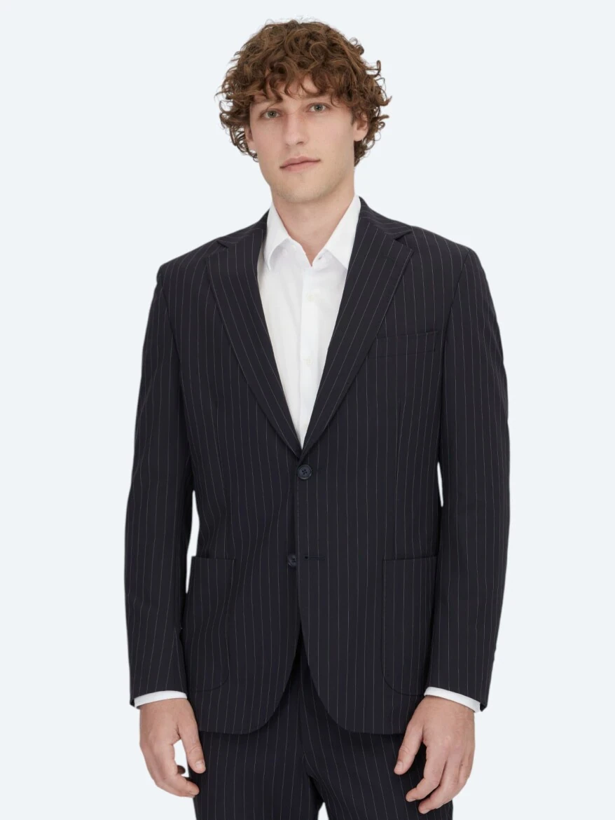 Lacivert Çizgili Modern Fit Örme Takım Elbise - KİP