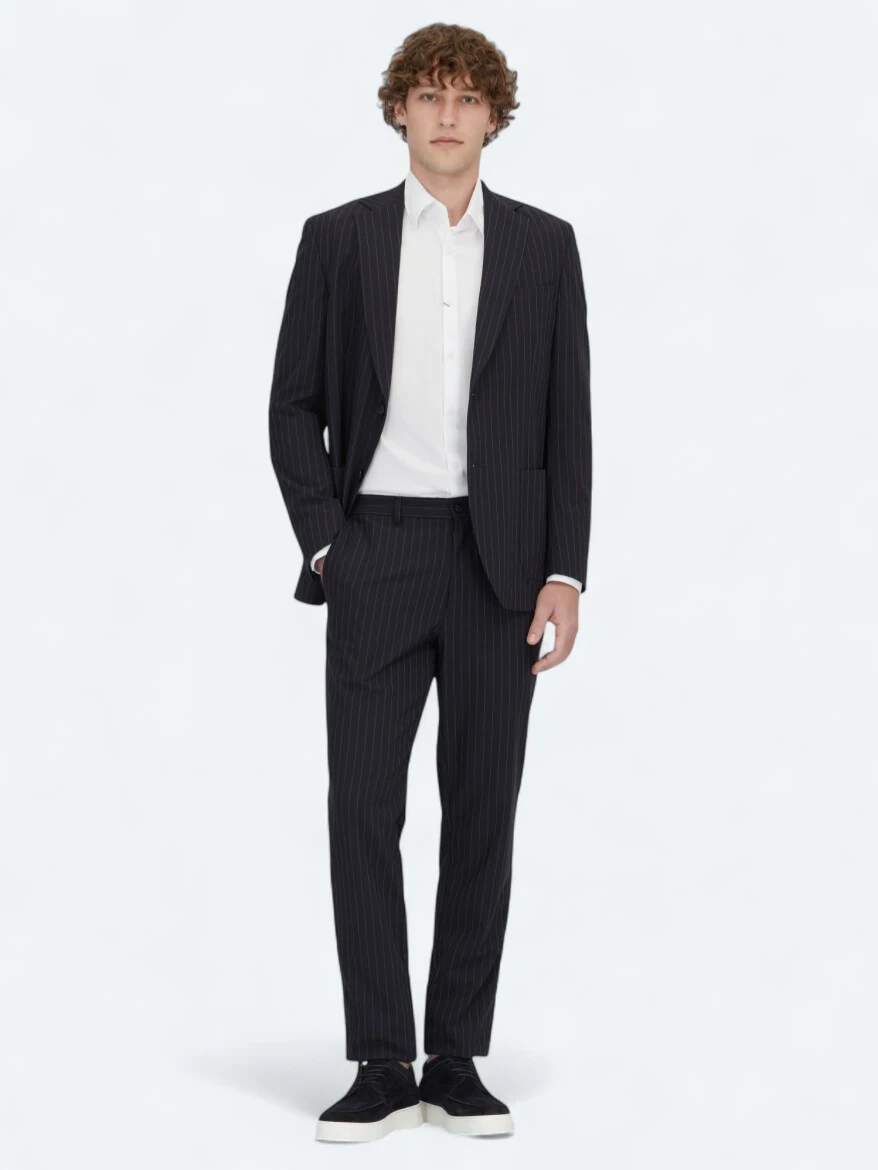 Lacivert Çizgili Modern Fit Örme Takım Elbise - KİP