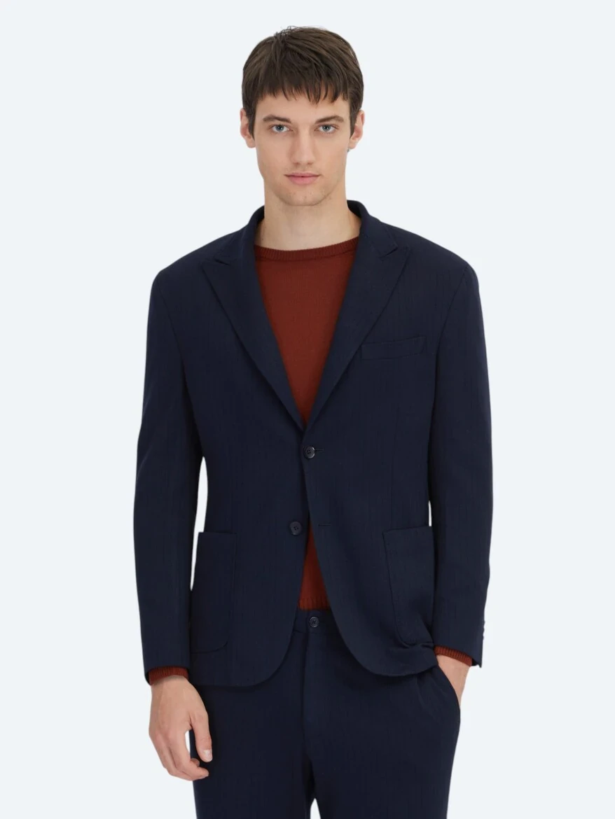 Lacivert Çizgili Modern Fit Örme Takım Elbise - 1