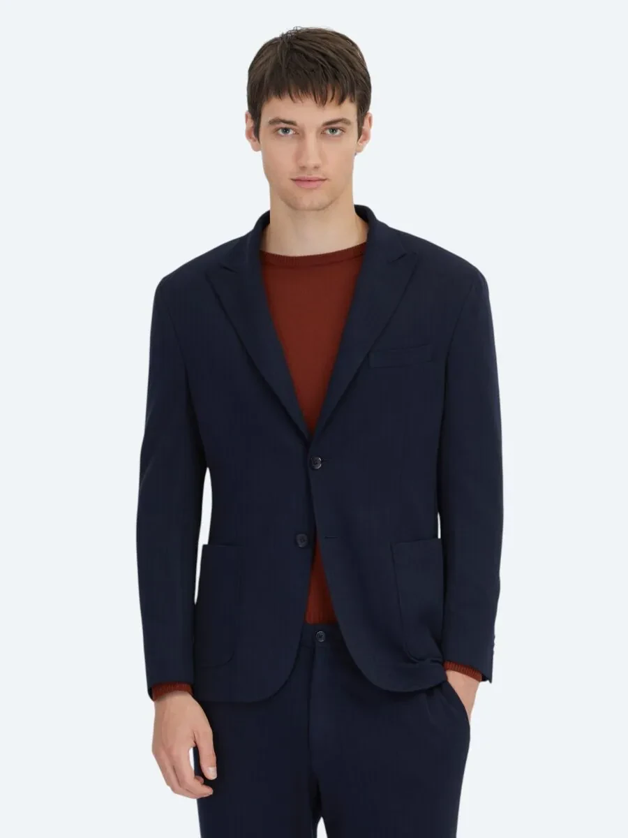 Lacivert Çizgili Modern Fit Örme Takım Elbise - 1