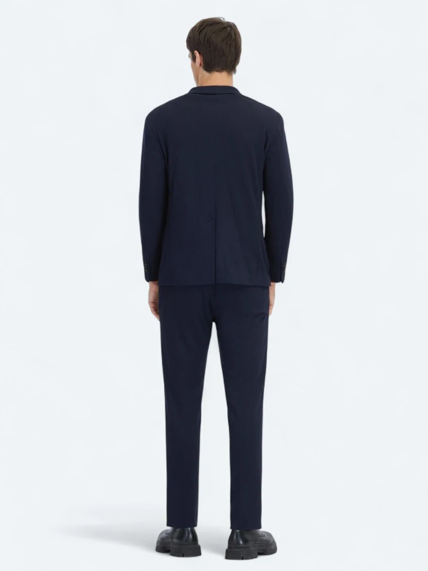 Lacivert Çizgili Modern Fit Örme Takım Elbise - 5