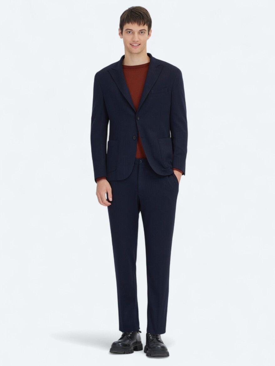 Lacivert Çizgili Modern Fit Örme Takım Elbise - KİP