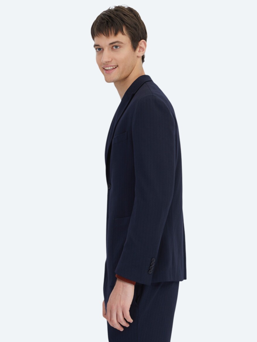 Lacivert Çizgili Modern Fit Örme Takım Elbise - 3