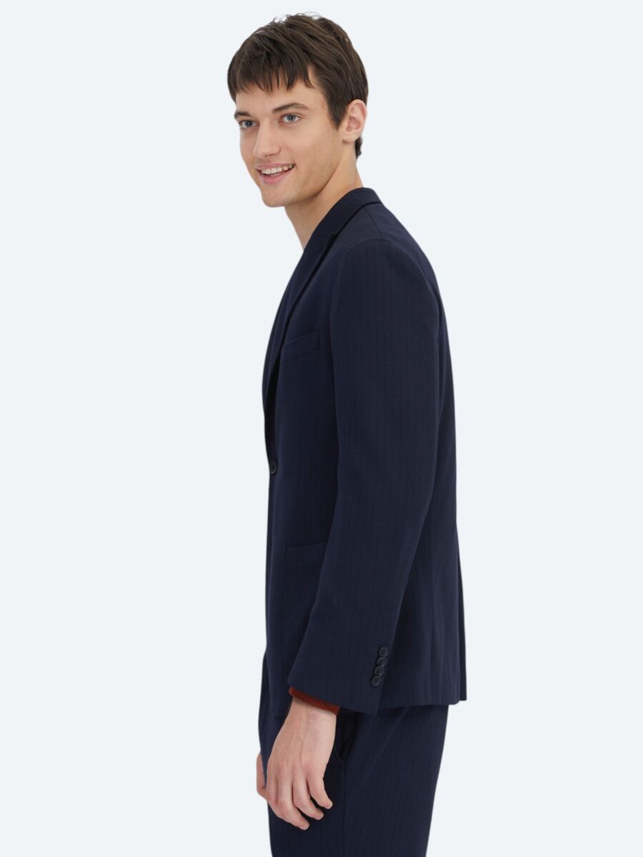 Lacivert Çizgili Modern Fit Örme Takım Elbise - 3