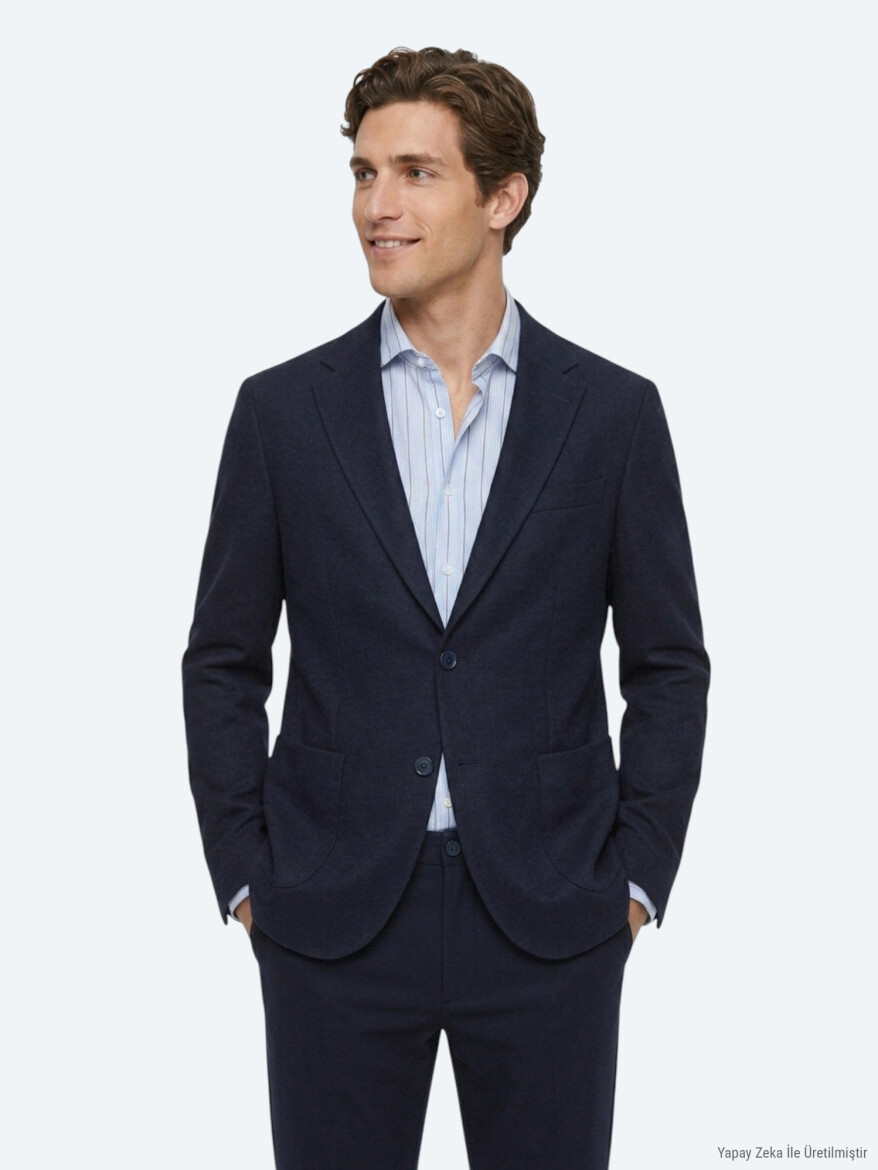 Lacivert Çizgili Modern Fit Pamuk Karışımlı Örme Takım Elbise - 3