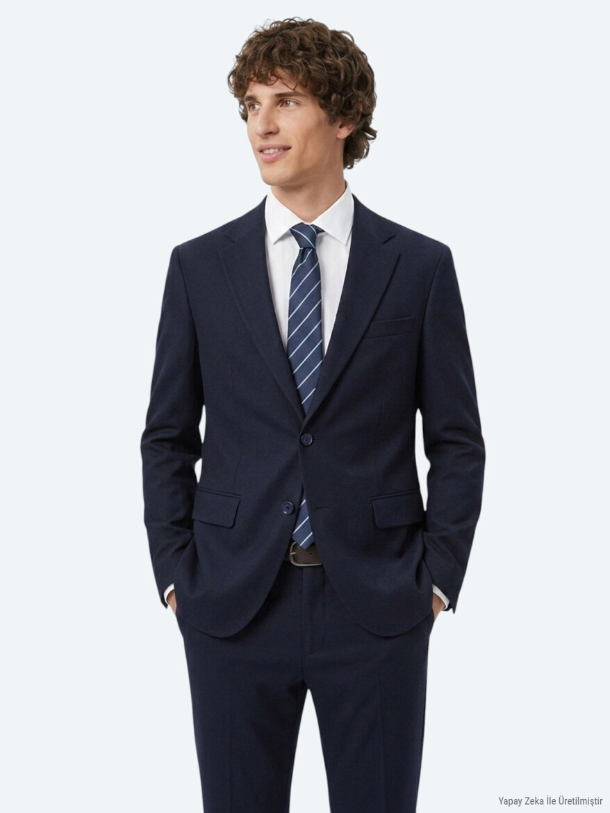 Lacivert Çizgili Modern Fit Pamuk Karışımlı Örme Takım Elbise - 3