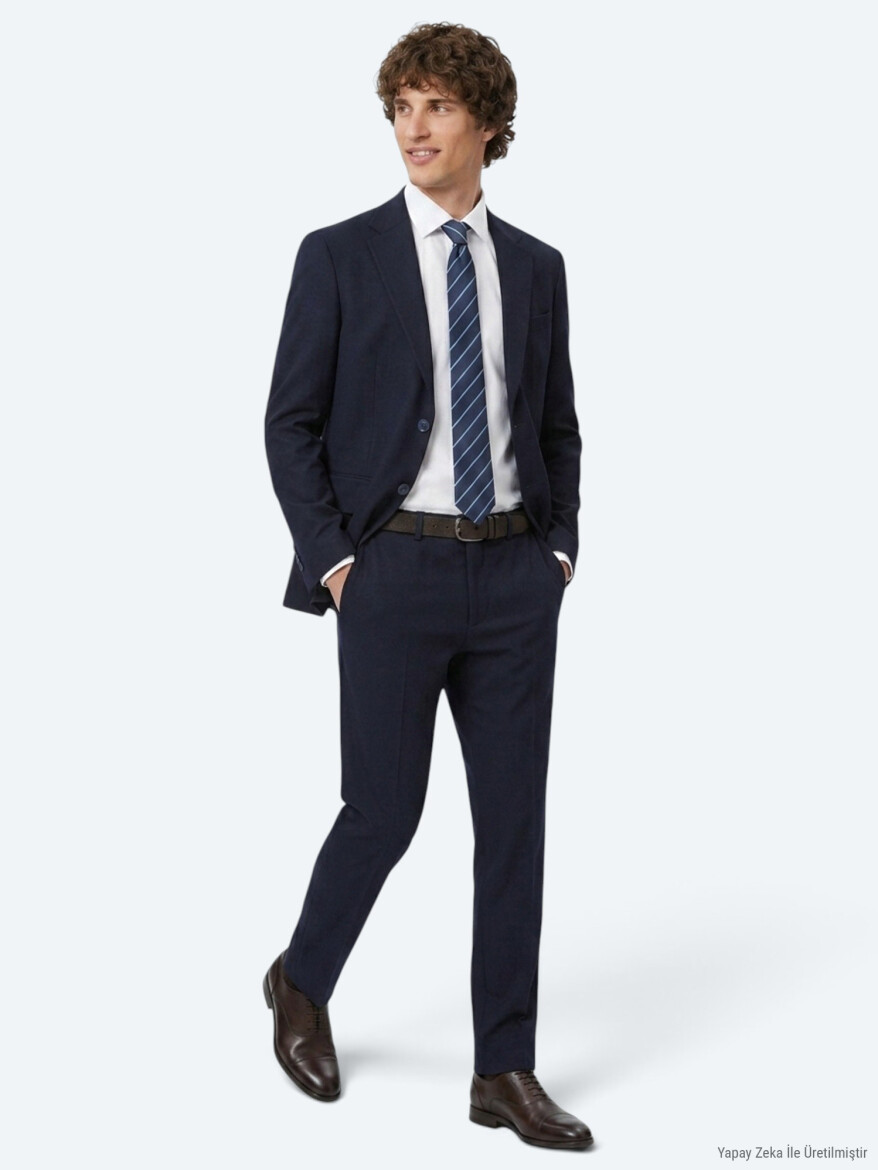 Lacivert Çizgili Modern Fit Pamuk Karışımlı Örme Takım Elbise - 4