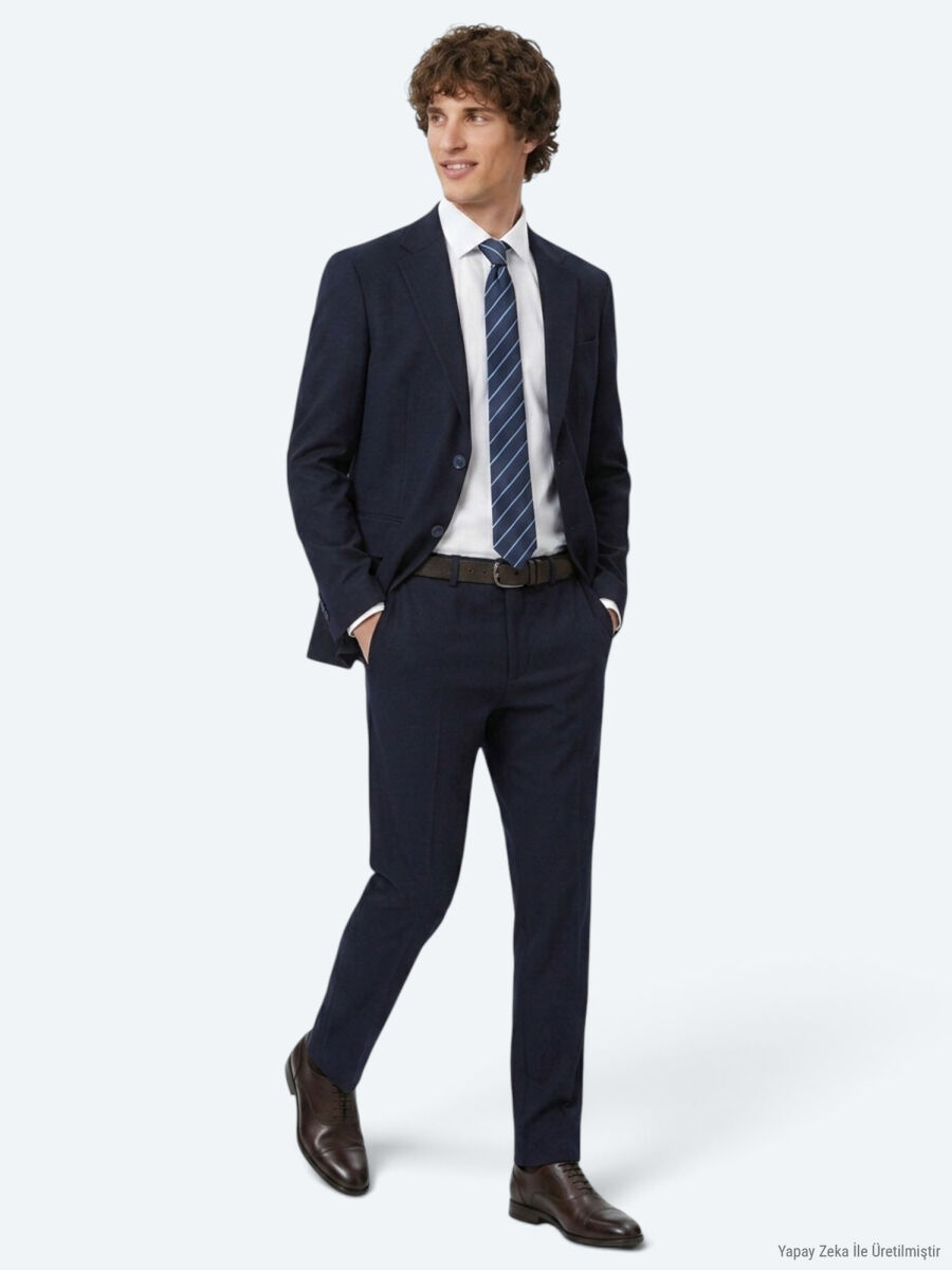 Lacivert Çizgili Modern Fit Pamuk Karışımlı Örme Takım Elbise - 4