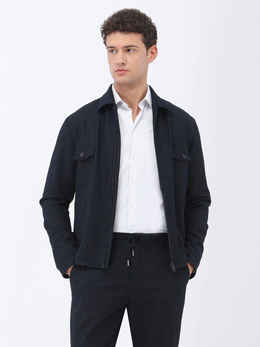 Lacivert Çizgili Modern Fit Pamuk Karışımlı Takım Elbise - 1