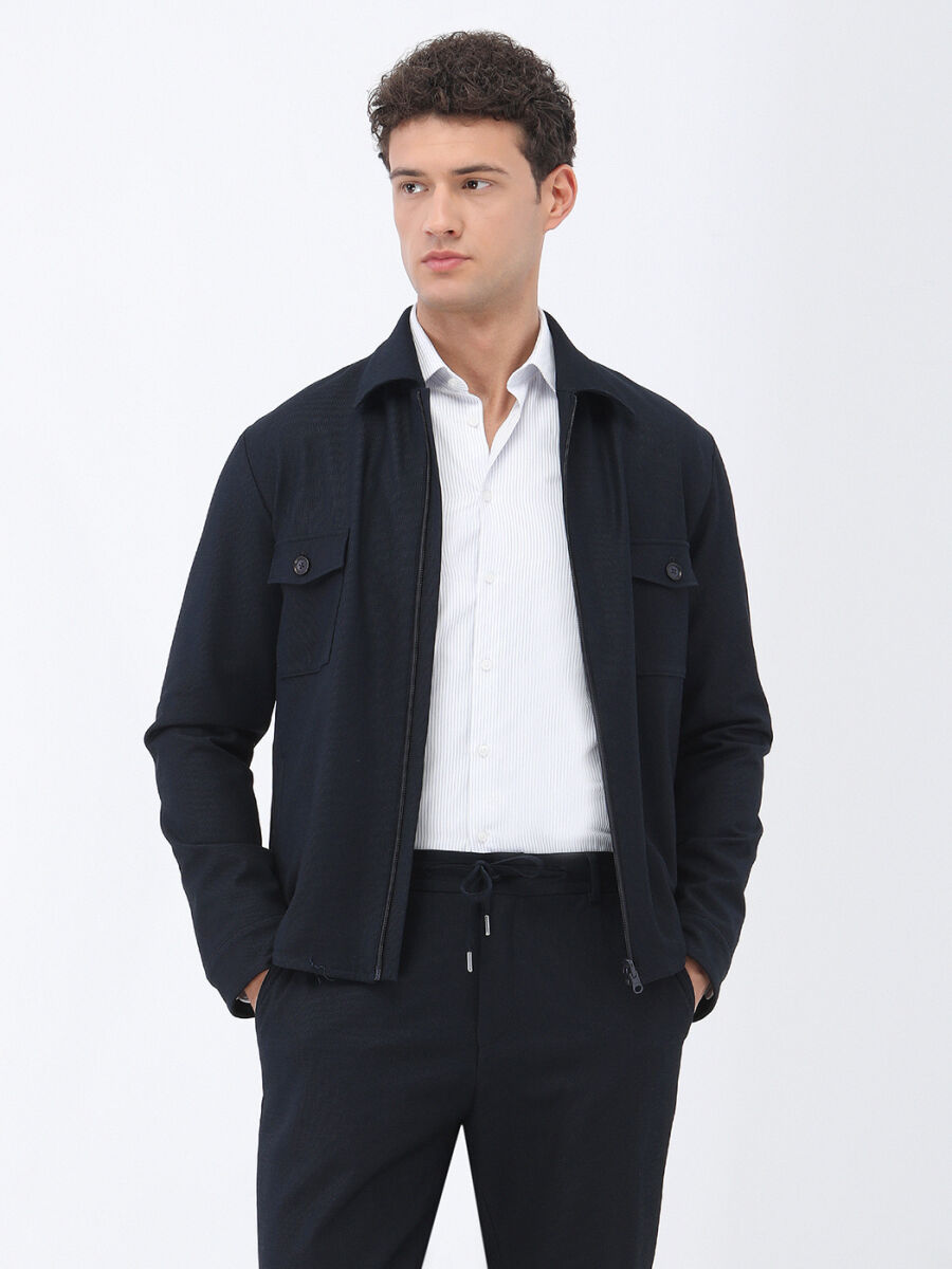 Lacivert Çizgili Modern Fit Pamuk Karışımlı Takım Elbise - 1