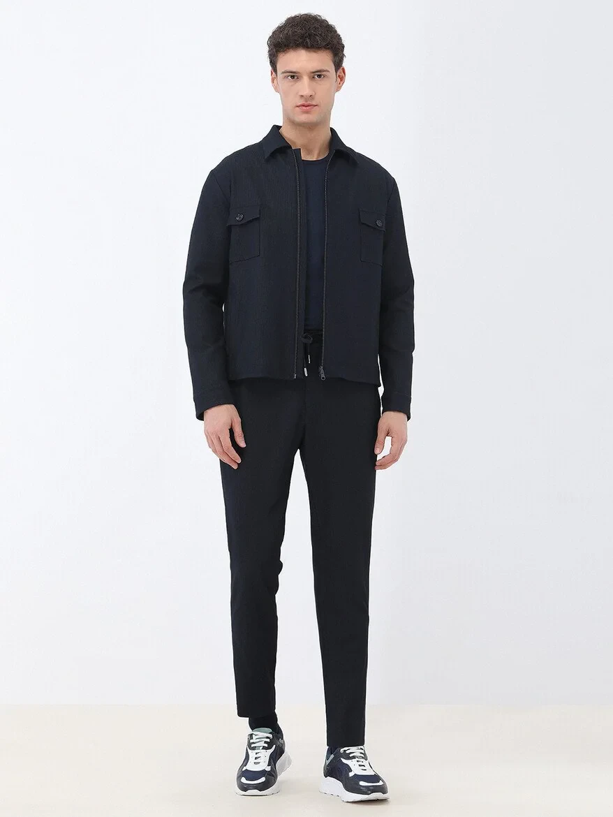 Lacivert Çizgili Modern Fit Pamuk Karışımlı Takım Elbise - 3