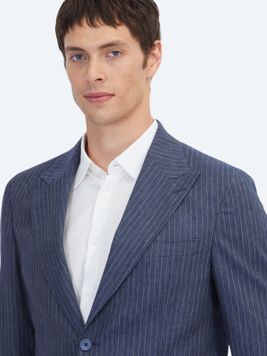 Lacivert Çizgili Modern Fit Pamuk Karışımlı Takım Elbise - 3