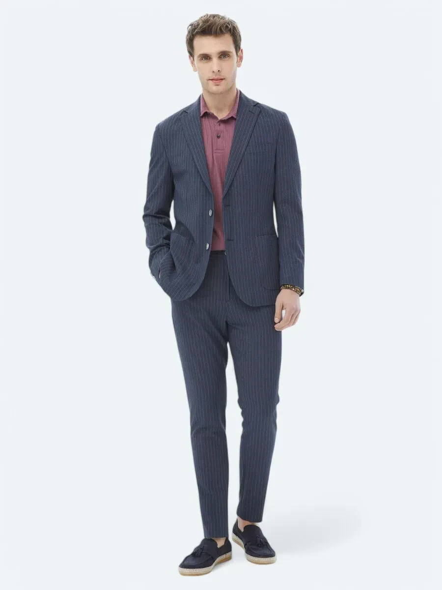 Lacivert Çizgili Modern Fit Takım Elbise - 1