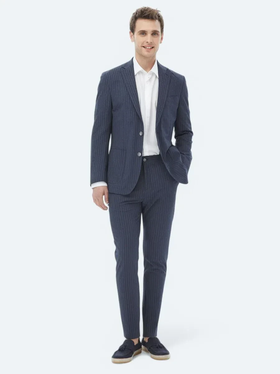Lacivert Çizgili Modern Fit Takım Elbise - 3