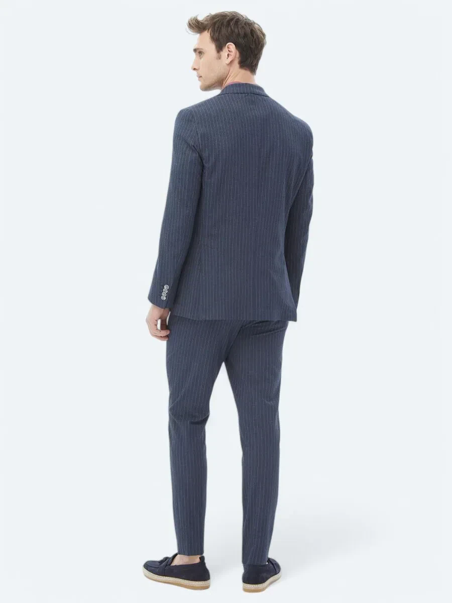 Lacivert Çizgili Modern Fit Takım Elbise - 17