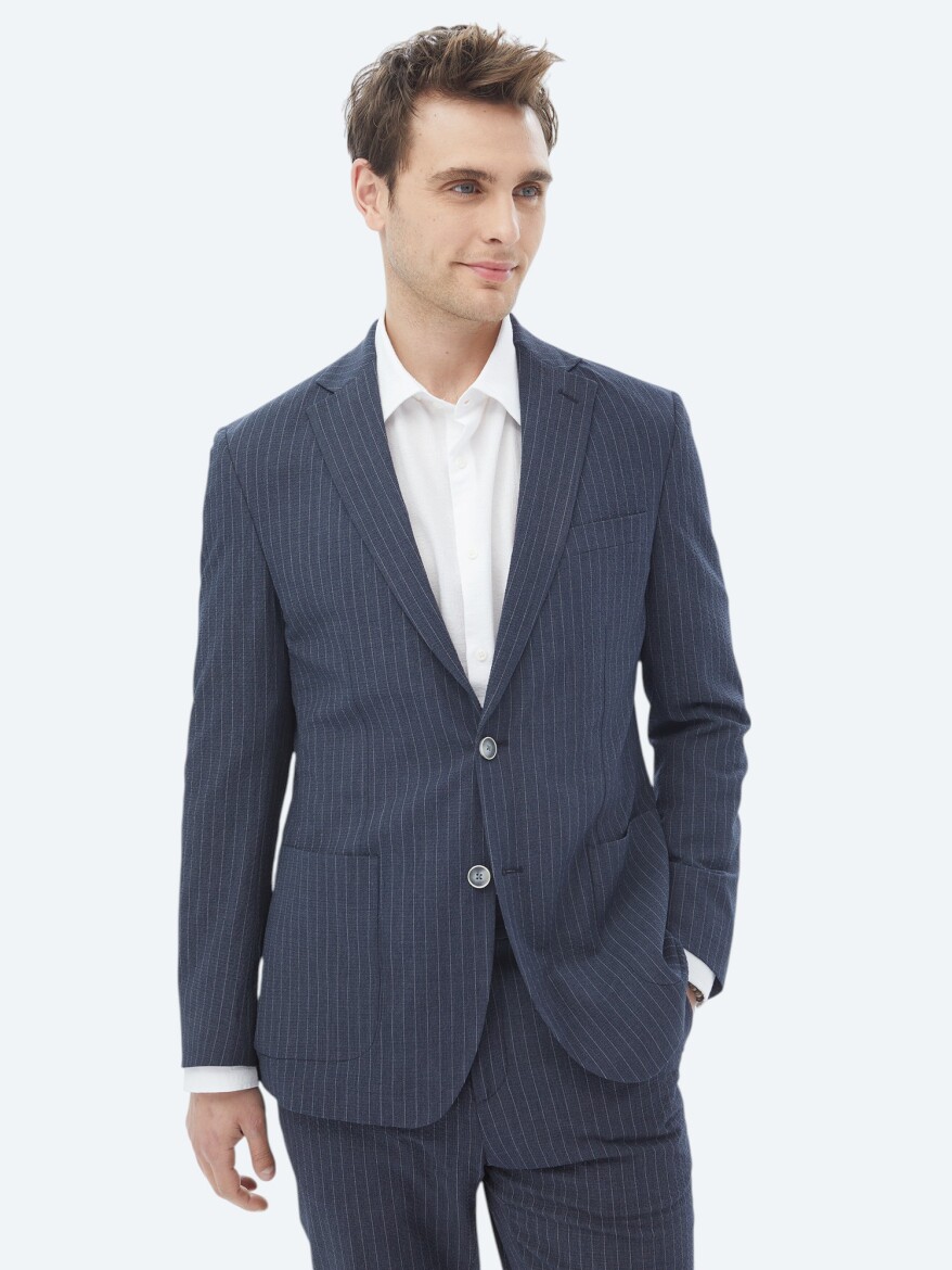 Lacivert Çizgili Modern Fit Takım Elbise - 7