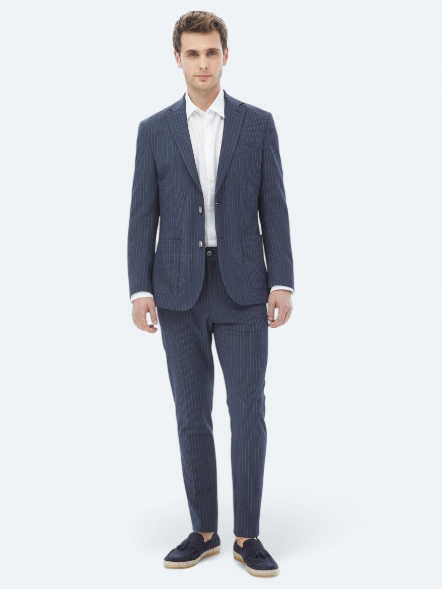 Lacivert Çizgili Modern Fit Takım Elbise - 11