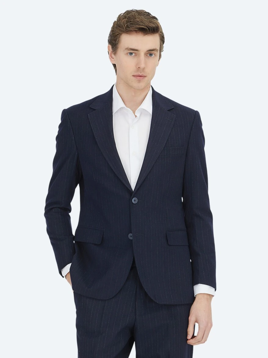 Lacivert Çizgili Modern Fit Takım Elbise - 3