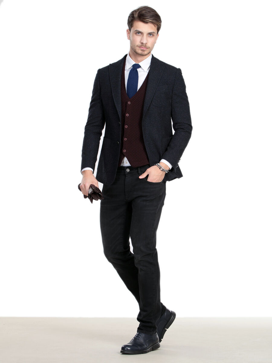 Lacivert Çizgili Modern Fit Yün Karışımlı Ceket - 1