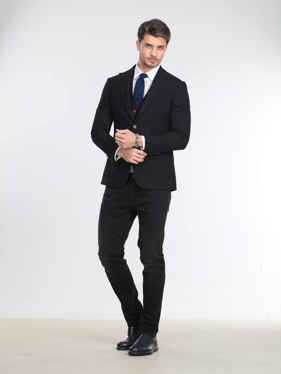 Lacivert Çizgili Modern Fit Yün Karışımlı Ceket - 2