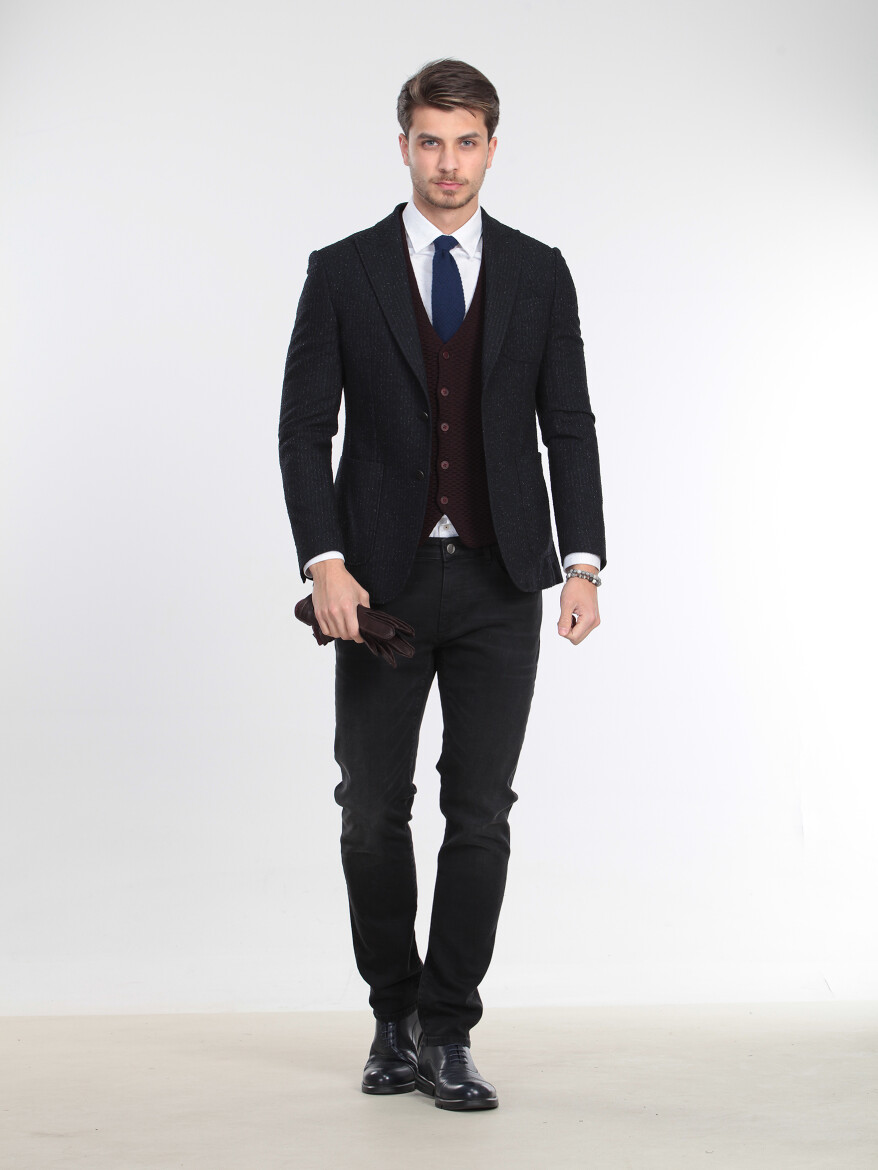 Lacivert Çizgili Modern Fit Yün Karışımlı Ceket - 3