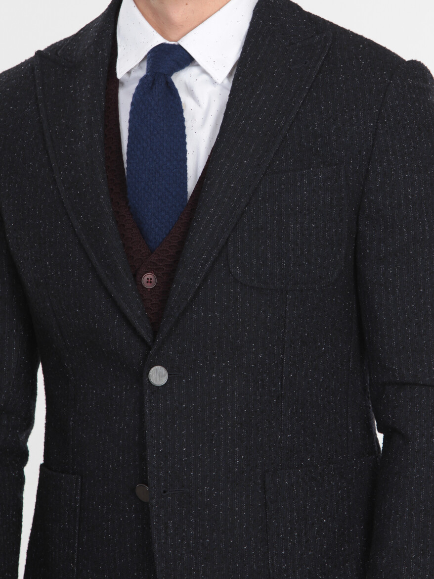 Lacivert Çizgili Modern Fit Yün Karışımlı Ceket - 4
