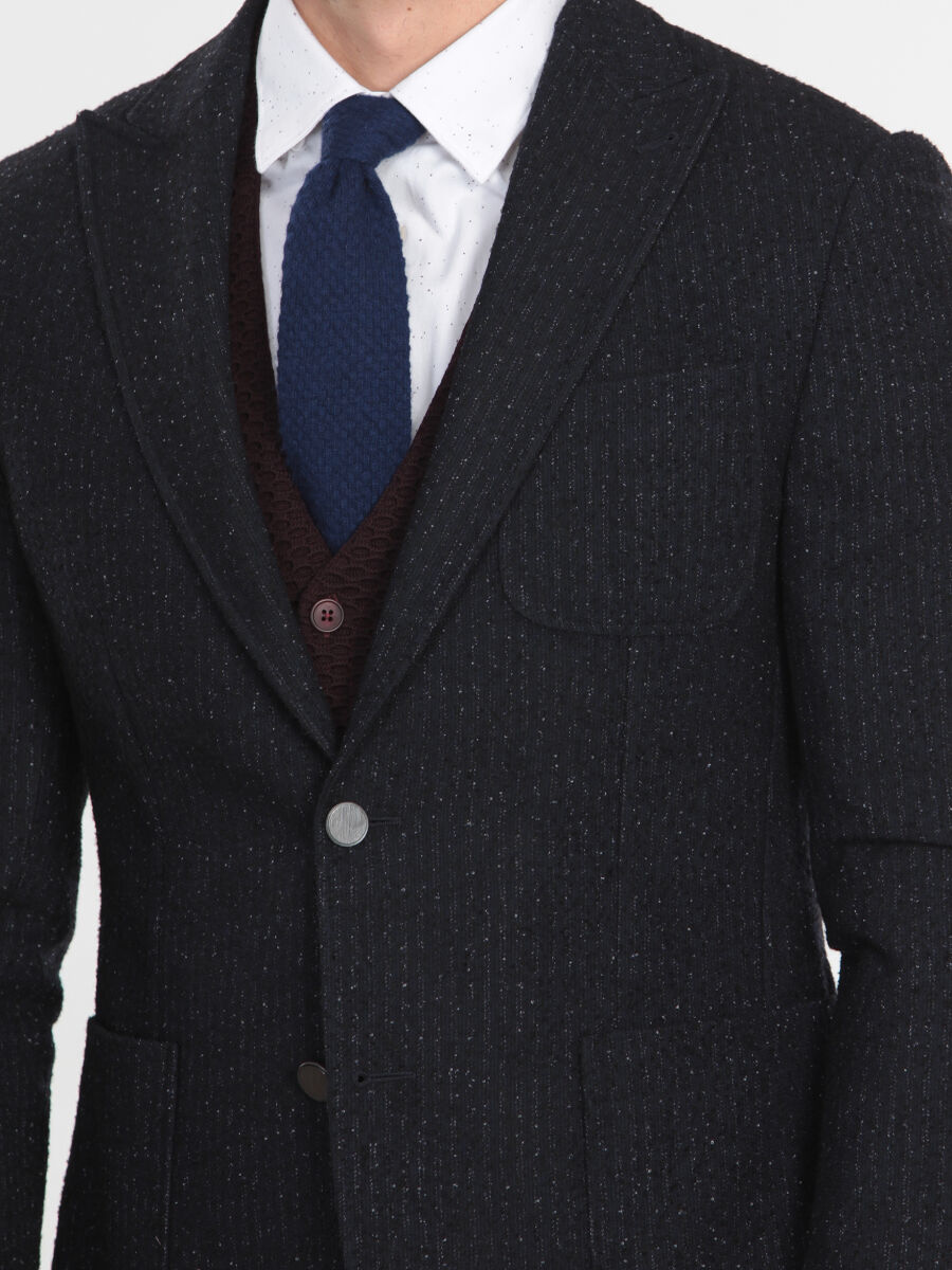 Lacivert Çizgili Modern Fit Yün Karışımlı Ceket - 4