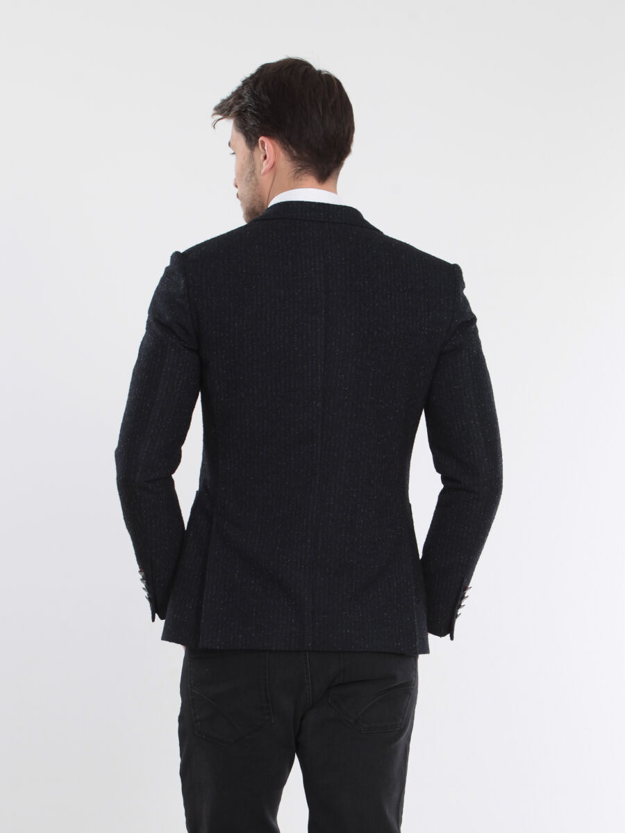 Lacivert Çizgili Modern Fit Yün Karışımlı Ceket - 5