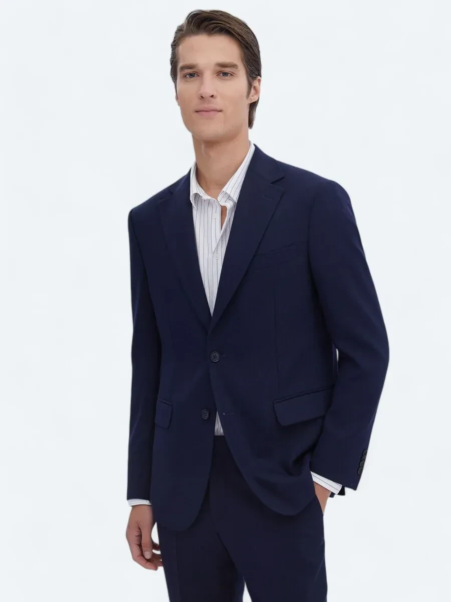 Lacivert Çizgili Modern Fit Yün Karışımlı Takım Elbise - 1
