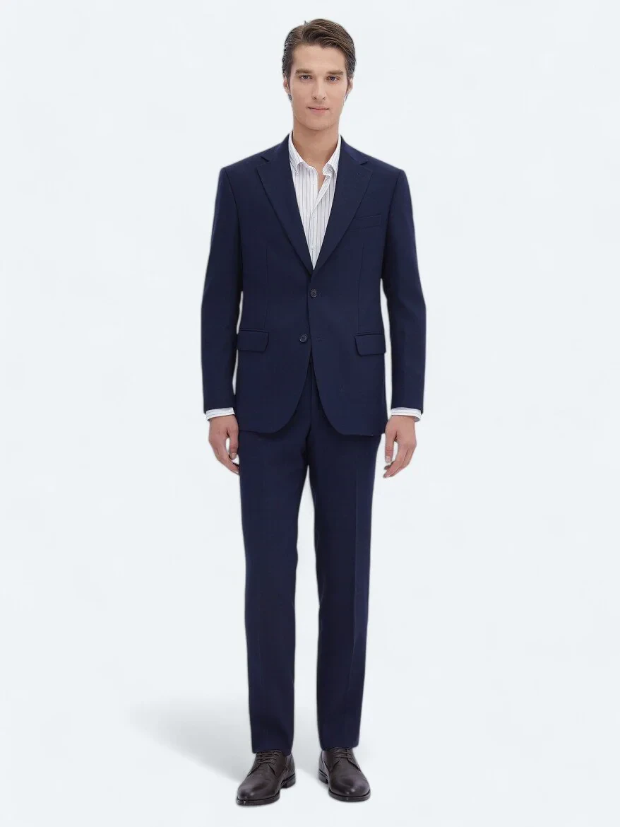 Lacivert Çizgili Modern Fit Yün Karışımlı Takım Elbise - 2