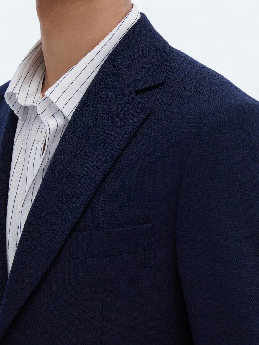 Lacivert Çizgili Modern Fit Yün Karışımlı Takım Elbise - 4