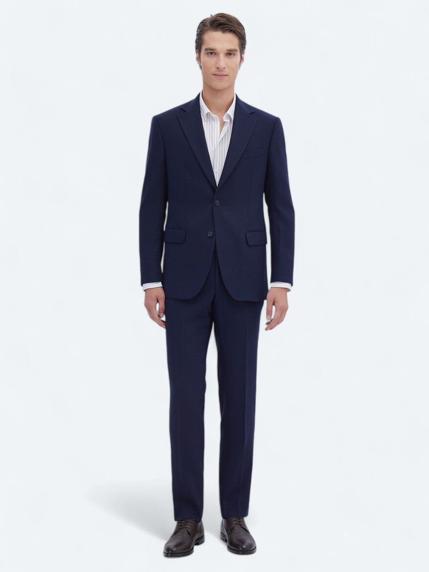Lacivert Çizgili Modern Fit Yün Karışımlı Takım Elbise - KİP
