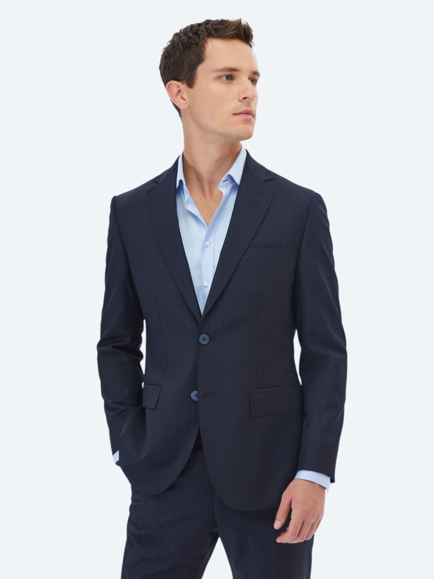 Lacivert Çizgili Modern Fit Yün Karışımlı Takım Elbise - 1