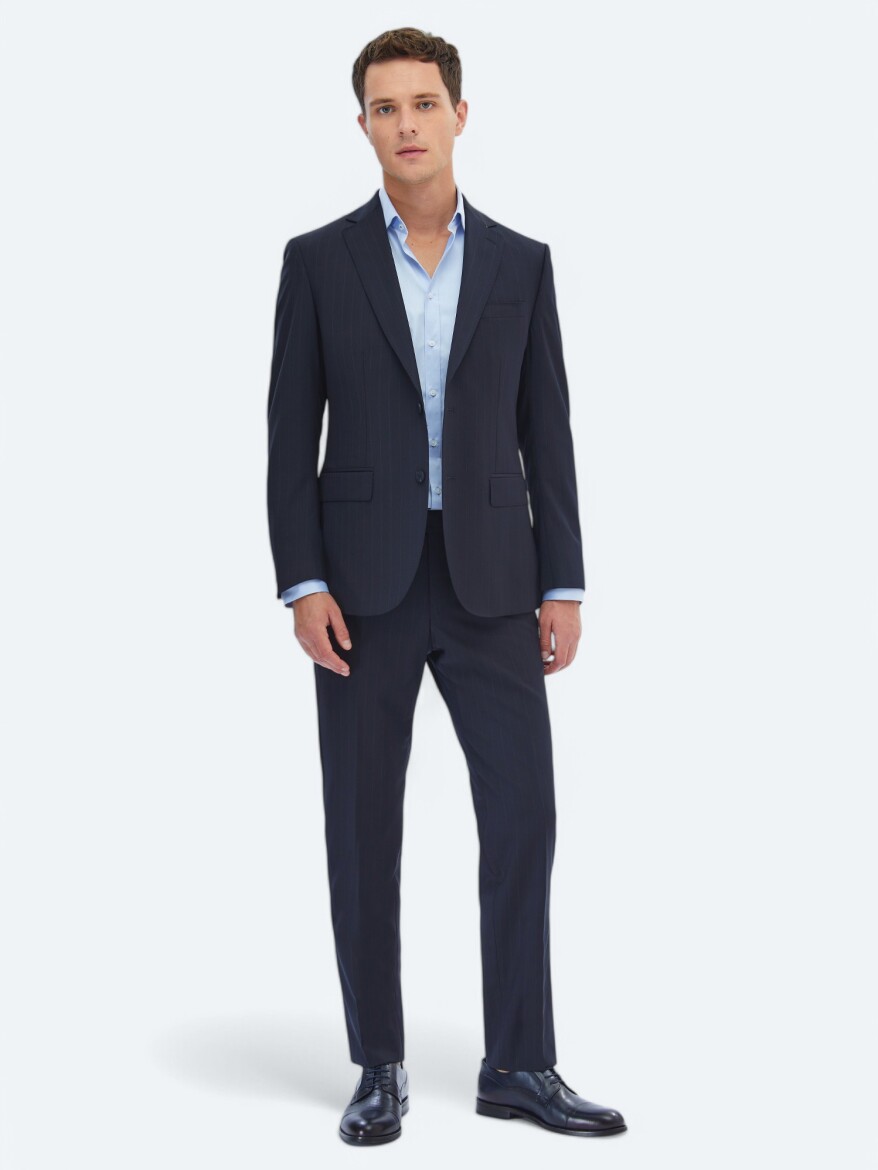 Lacivert Çizgili Modern Fit Yün Karışımlı Takım Elbise - 2