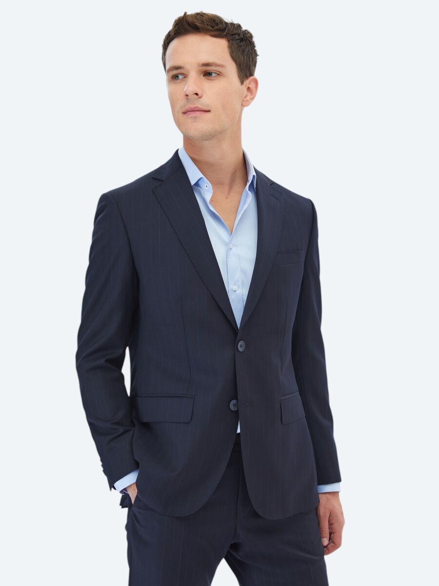 Lacivert Çizgili Modern Fit Yün Karışımlı Takım Elbise - 3