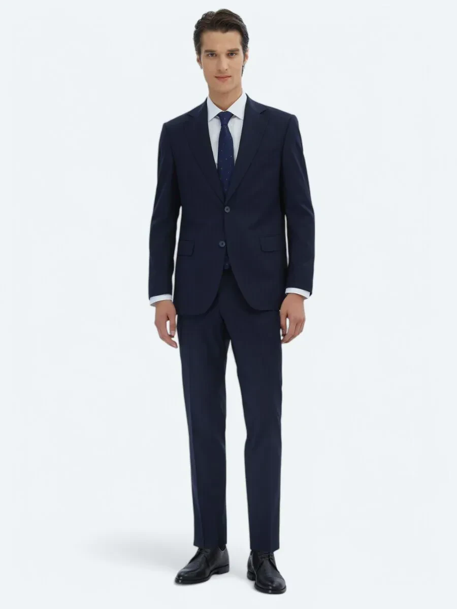 Lacivert Çizgili Modern Fit Yün Karışımlı Takım Elbise - 2
