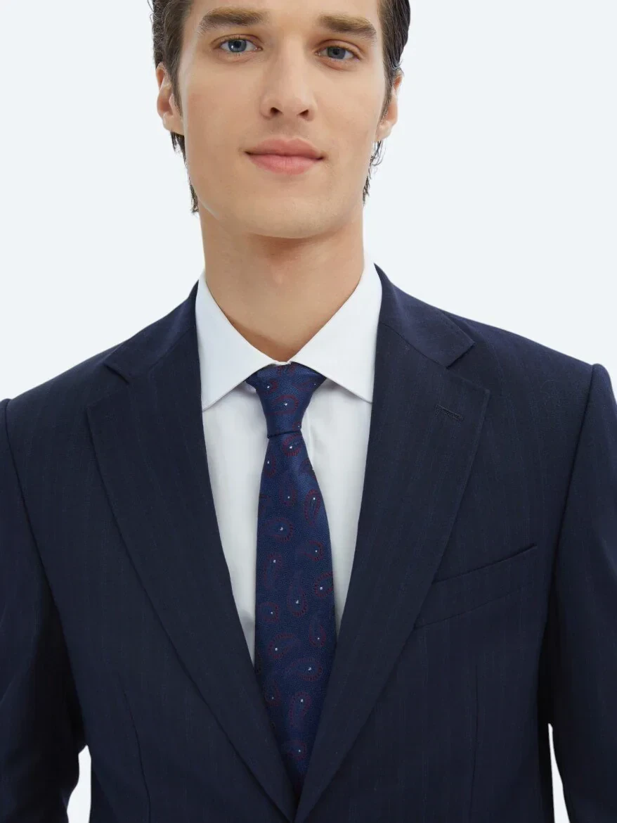 Lacivert Çizgili Modern Fit Yün Karışımlı Takım Elbise - 3
