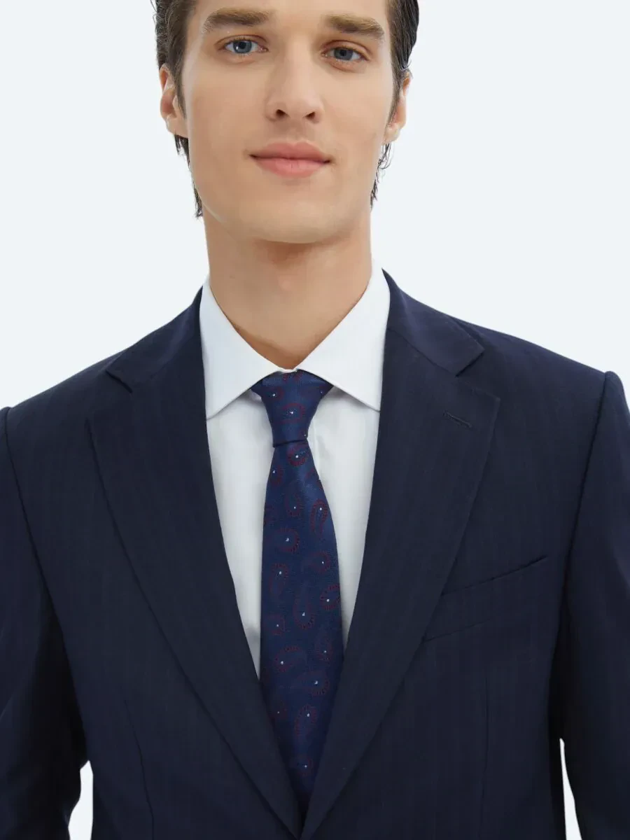 Lacivert Çizgili Modern Fit Yün Karışımlı Takım Elbise - 3