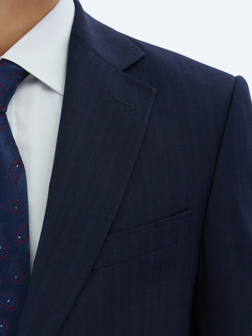 Lacivert Çizgili Modern Fit Yün Karışımlı Takım Elbise - 4