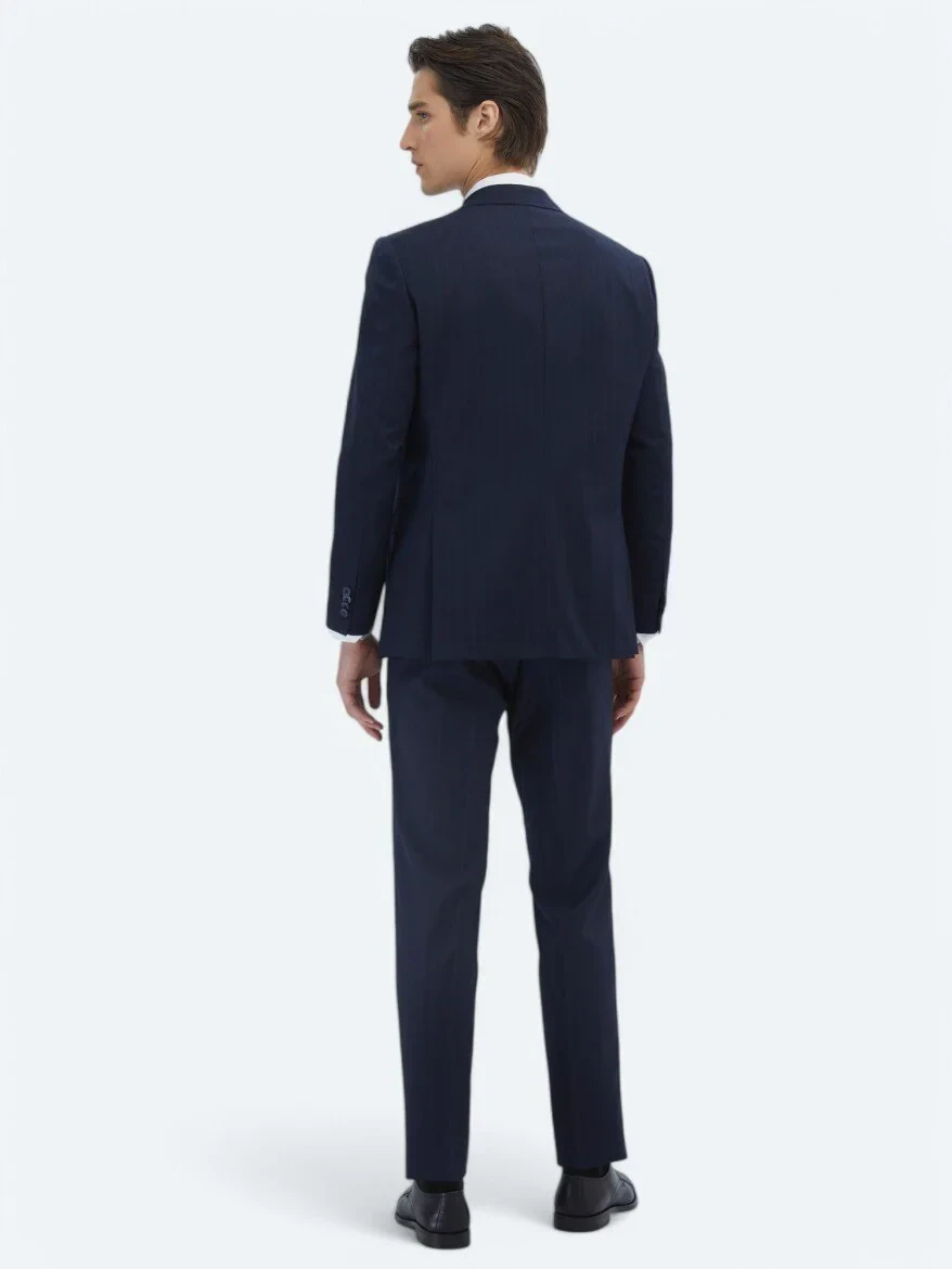 Lacivert Çizgili Modern Fit Yün Karışımlı Takım Elbise - 5