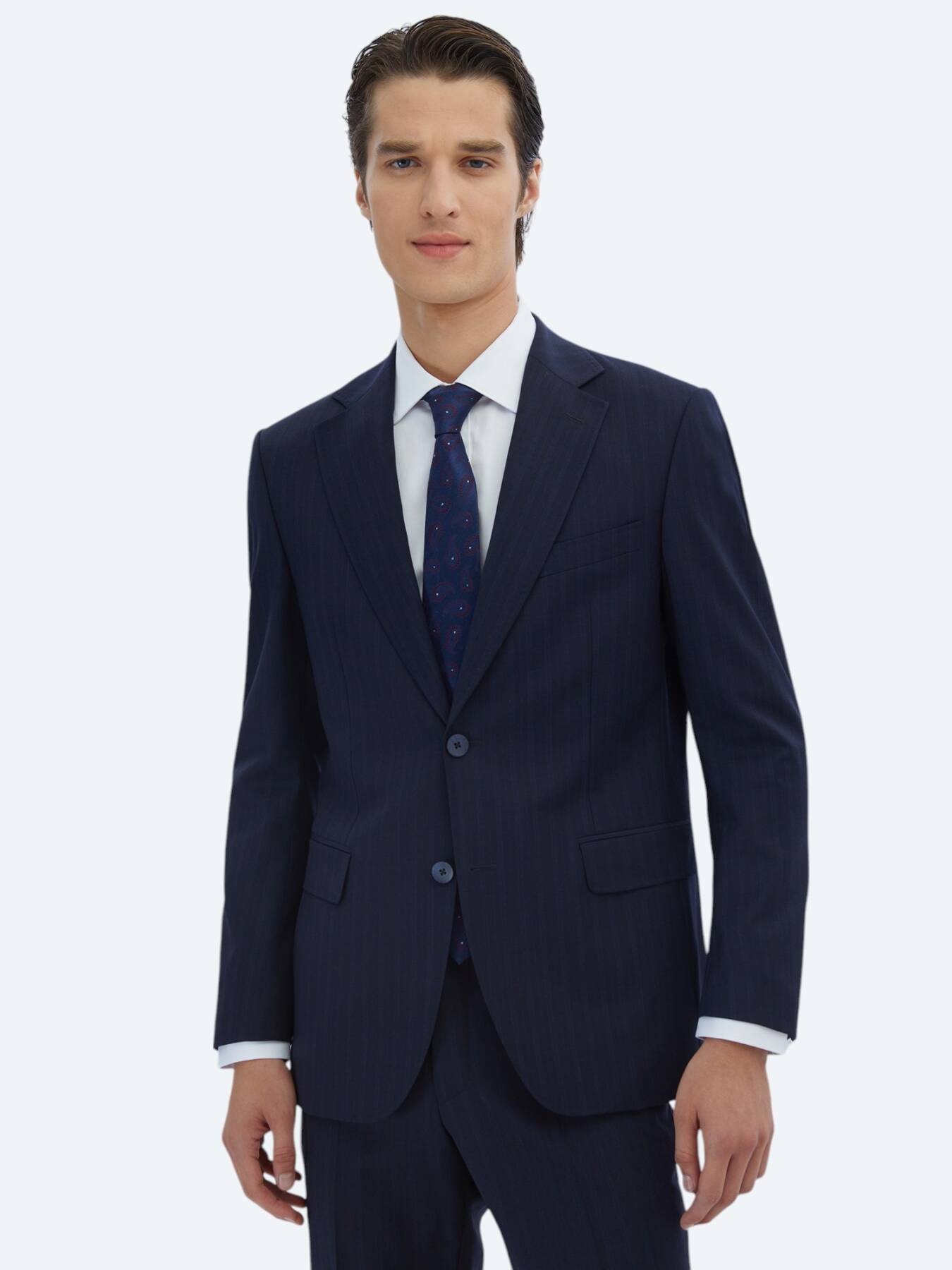 Lacivert Çizgili Modern Fit Yün Karışımlı Takım Elbise