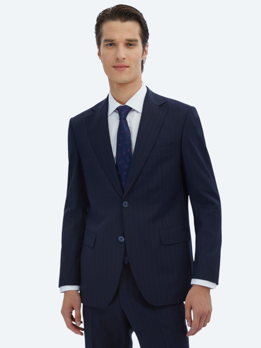 Lacivert Çizgili Modern Fit Yün Karışımlı Takım Elbise - KİP